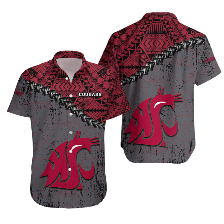 Washington State Cougars Red Grey Polynesian Tatto Hawaiian Shirt
