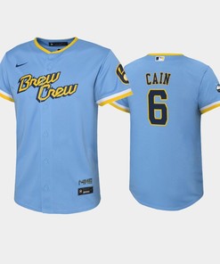 2022-23 City Connect Youth Milwaukee Brewers Lorenzo Cain 6 Lorenzo Cain Jersey - Powder Blue - Robokeg