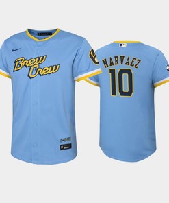 2022-23 City Connect Youth Milwaukee Brewers Omar Narvaez 10 Omar Narvaez Jersey - Powder Blue - Robokeg
