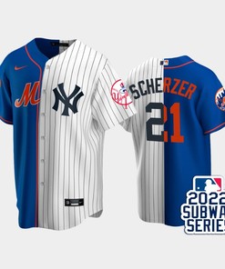 2022-23 Subway Series New York Mets 21 Max Scherzer Split Royal White Jersey - Robokeg