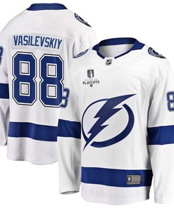 Andrei Vasilevskiy 88 Tampa Bay Lightning Stanley Cup 2023 Playoffs Patch Away Breakaway Men Jersey - White - Robokeg