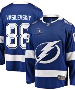 Andrei Vasilevskiy 88 Tampa Bay Lightning Stanley Cup 2023 Playoffs Patch Home Breakaway Men Jersey - Blue - Robokeg