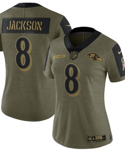 Baltimore Ravens Lamar Jackson 8 Nfl Olive 2021 Salute To Service Player Women Jersey For Ravens Fans - Robokeg