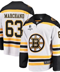 Brad Marchand 63 Boston Bruins Stanley Cup 2023 Playoffs Patch Away Breakaway Men Jersey - White - Robokeg