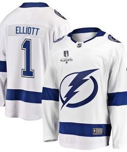Brian Elliott 1 Tampa Bay Lightning Stanley Cup 2023 Playoffs Patch Away Breakaway Men Jersey - White - Robokeg