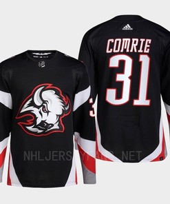 Buffalo Sabres 2022-23 Goathead Third Eric Comrie 31 Black Primegreen Jersey Men's - Robokeg