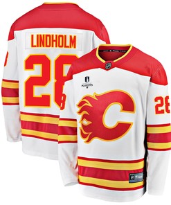 Calgary Flames Elias Lindholm 28 Away 2022 Stanley Cup Playoffs Breakaway Men Jersey - White - Robokeg