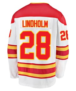 Calgary Flames Elias Lindholm 28 Away 2022 Stanley Cup Playoffs Breakaway Men Jersey - White - Robokeg