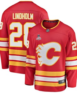 Calgary Flames Elias Lindholm 28 Home 2022 Stanley Cup Playoffs Breakaway Men Jersey - Red - Robokeg