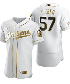 Cleveland Baseball #57 Shane Bieber Mlb Golden Brandedition White Jersey Gift For Cleveland Baseball Fans - Robokeg
