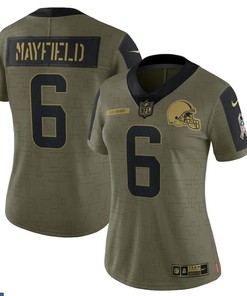Cleveland Browns Baker Mayfield 6 Nfl Olive 2021 Salute To Service Player Women Jersey For Browns Fans - Robokeg