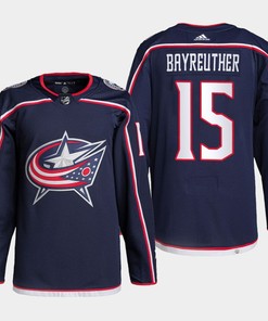 Columbus Blue Jackets Gavin Bayreuther 15 Navy Home Primegreen Jersey 2022-23 - Robokeg