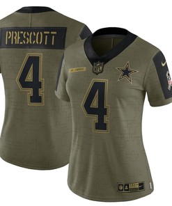 Dallas Cowboys Dak Prescott 4 Nfl Olive 2021 Salute To Service Retired Player Women Jersey For Cowboys Fans - Robokeg
