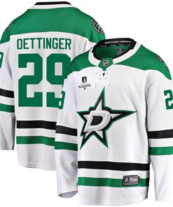 Dallas Stars Jake Oettinger 29 Away 2022 Stanley Cup Playoffs Breakaway Men Jersey - White - Robokeg