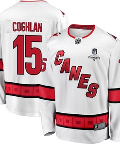Dylan Coghlan 15 Carolina Hurricanes Stanley Cup 2023 Playoffs Patch Away Breakaway Men Jersey - White - Robokeg