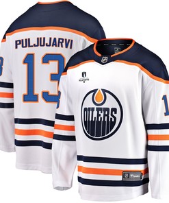 Edmonton Oilers Jesse Puljujarvi 13 Away 2022 Stanley Cup Playoffs Breakaway Men Jersey - White - Robokeg