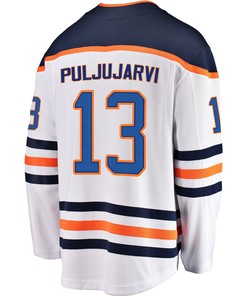 Edmonton Oilers Jesse Puljujarvi 13 Away 2022 Stanley Cup Playoffs Breakaway Men Jersey - White - Robokeg