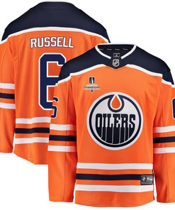 Edmonton Oilers Kris Russell 6 Home 2022 Stanley Cup Champions Breakaway Men Jersey - Orange - Robokeg
