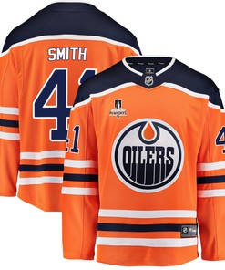 Edmonton Oilers Mike Smith 41 Home 2022 Stanley Cup Playoffs Breakaway Men Jersey - Orange - Robokeg