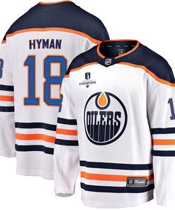 Edmonton Oilers Zach Hyman 18 Away 2022 Stanley Cup Champions Breakaway Men Jersey - White - Robokeg