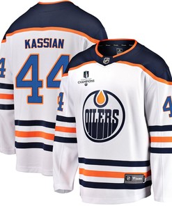 Edmonton Oilers Zack Kassian 44 Away 2022 Stanley Cup Champions Breakaway Men Jersey - White - Robokeg