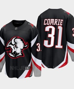 Eric Comrie 31 Buffalo Sabres 2022-23 Goathead Third Premier Breakaway Player Black Jersey - Robokeg