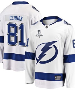 Erik Cernak 81 Tampa Bay Lightning Stanley Cup 2023 Playoffs Patch Away Breakaway Men Jersey - White - Robokeg