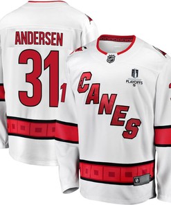 Frederik Andersen 31 Carolina Hurricanes Stanley Cup 2023 Playoffs Patch Away Breakaway Men Jersey - White - Robokeg