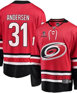Frederik Andersen 31 Carolina Hurricanes Stanley Cup 2023 Playoffs Patch Home Breakaway Men Jersey - Red - Robokeg