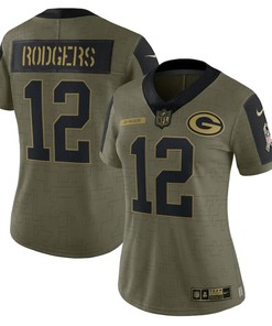 Green Bay Packers Aaron Rodgers 12 Nfl Olive 2021 Salute To Service Player Women Jersey For Packers Fans - Robokeg