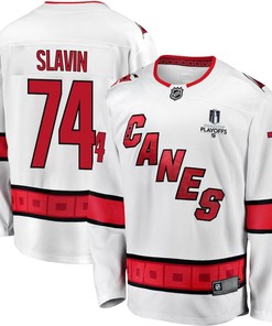 Jaccob Slavin 74 Carolina Hurricanes Stanley Cup 2023 Playoffs Patch Away Breakaway Men Jersey - White - Robokeg