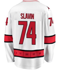Jaccob Slavin 74 Carolina Hurricanes Stanley Cup 2023 Playoffs Patch Away Breakaway Men Jersey - White - Robokeg