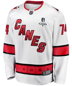 Jaccob Slavin 74 Carolina Hurricanes Stanley Cup 2023 Playoffs Patch Away Breakaway Men Jersey - White - Robokeg