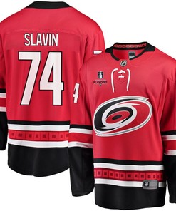 Jaccob Slavin 74 Carolina Hurricanes Stanley Cup 2023 Playoffs Patch Home Breakaway Men Jersey - Red - Robokeg