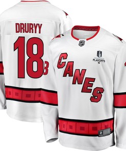 Jack Drury 18 Carolina Hurricanes Stanley Cup 2023 Playoffs Patch Away Breakaway Men Jersey - White - Robokeg