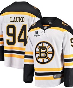 Jakub Lauko 94 Boston Bruins Stanley Cup 2023 Playoffs Patch Away Breakaway Men Jersey - White - Robokeg