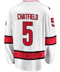 Jalen Chatfield 5 Carolina Hurricanes Stanley Cup 2023 Playoffs Patch Away Breakaway Men Jersey - White - Robokeg