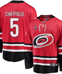 Jalen Chatfield 5 Carolina Hurricanes Stanley Cup 2023 Playoffs Patch Home Breakaway Men Jersey - Red - Robokeg