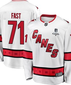 Jesper Fast 71 Carolina Hurricanes Stanley Cup 2023 Playoffs Patch Away Breakaway Men Jersey - White - Robokeg