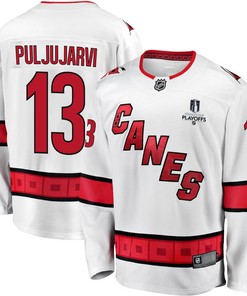 Jesse Puljujarvi 13 Carolina Hurricanes Stanley Cup 2023 Playoffs Patch Away Breakaway Men Jersey - White - Robokeg