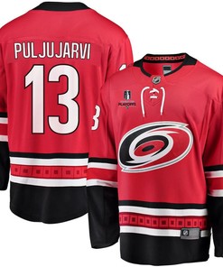 Jesse Puljujarvi 13 Carolina Hurricanes Stanley Cup 2023 Playoffs Patch Home Breakaway Men Jersey - Red - Robokeg
