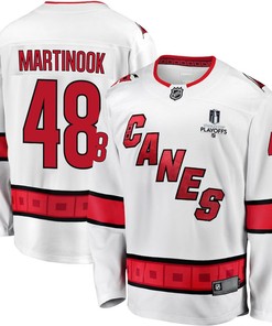 Jordan Martinook 48 Carolina Hurricanes Stanley Cup 2023 Playoffs Patch Away Breakaway Men Jersey - White - Robokeg