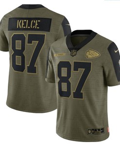 Kansas City Chiefs Travis Kelce 87 Nfl Olive 2021 Salute To Service Limited Player Men Jersey For Chiefs Fans - Robokeg