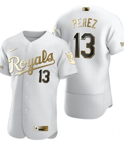 Kansas City Royals #13 Salvador Perez Mlb Golden Brandedition White Jersey Gift For Royals Fans - Robokeg