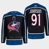 Kent Johnson 91 Reverse Retro 2.0 2022 Columbus Blue Jackets Navy Jersey Primegreen - Robokeg