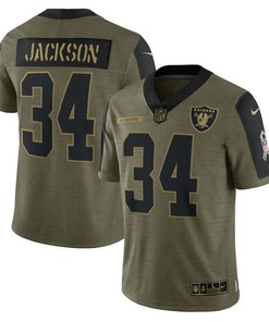 Las Vegas Raiders Bo Jackson 34 Nfl Olive 2021 Salute To Service Retired Player Men Jersey For Raiders Fans - Robokeg