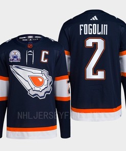 Lee Fogolin 2 Hall of Fame patch 2022 Edmonton Oilers Navy Jersey Reverse Retro 2.0 - Robokeg