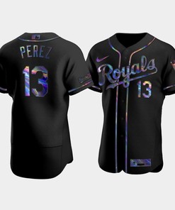 Men's Kansas City Royals Salvador Perez 13 Black Golden Edition Holographic Jersey - Robokeg