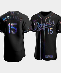 Men's Kansas City Royals Whit Merrifield 15 Black Golden Edition Holographic Jersey - Robokeg