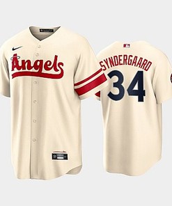 Men's Los Angeles Angels 34 Noah Syndergaard 2022-23 City Connect Cream Jersey - Robokeg